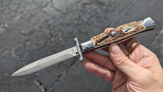 AKC WORLD ITALY 9" STAG HORN DAMASCUS SWINGUARD BOXED SET
