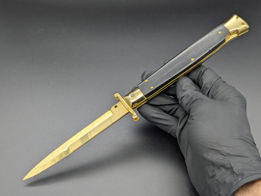 24K GOLD 11" FRANK BELTRAME EBONY WOOD SWINGUARD SWITCHBLADE KNIFE