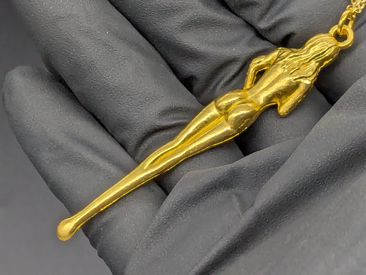22" Gold Burlesque Risque Nudie Goddess Mini Spoon w/ Steel Link Necklace