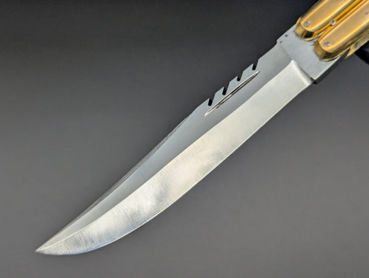 11" JIGGED COWBONE BRASS FHM BALISONG BLOOD CLIP