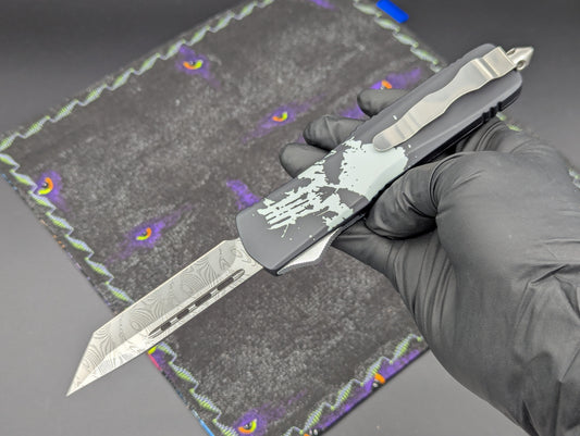 9.25" SKULL CLASSIC D/A OTF KNIFE FAUX DAMASCUS TANTO