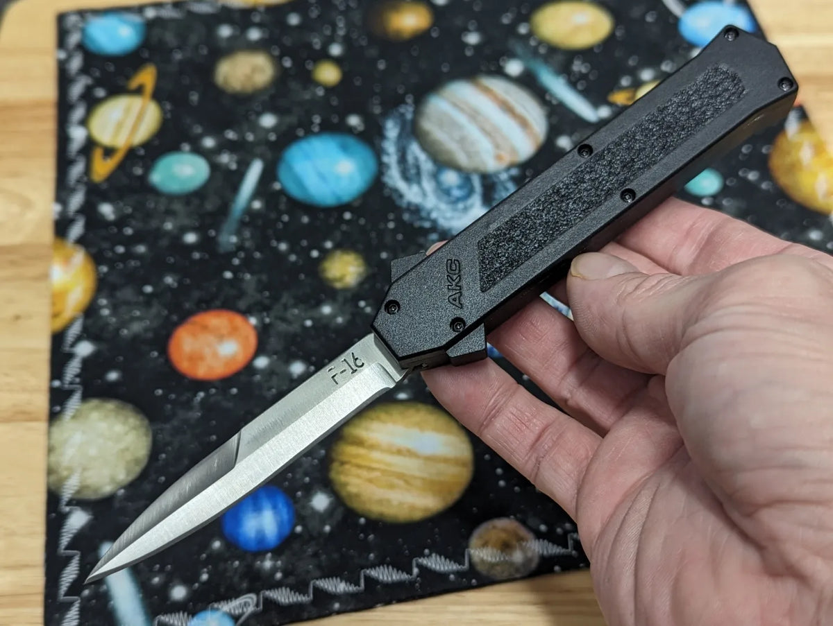 BLACK S/E AKC ITALY F-16 DUAL ACTION OTF KNIFE