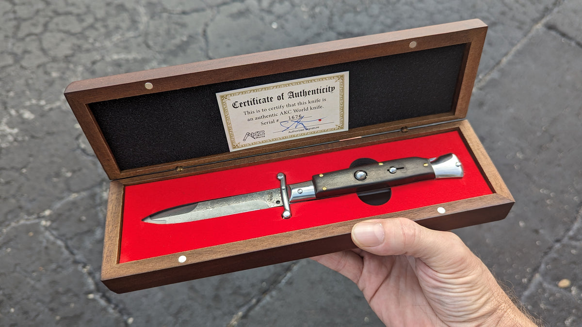 AKC WORLD ITALY 9" EBONY WOOD DAMASCUS SWINGUARD BOXED SET