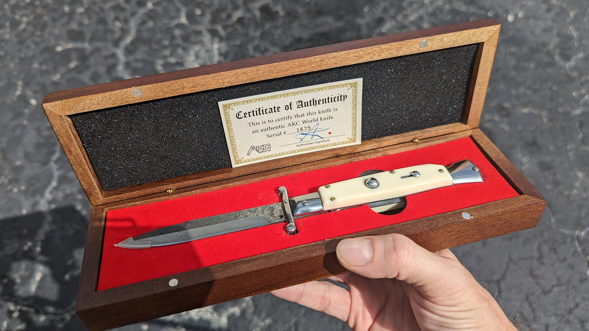 AKC WORLD ITALY 9" FAUX IVORY DAMASCUS SWINGUARD BOXED SET
