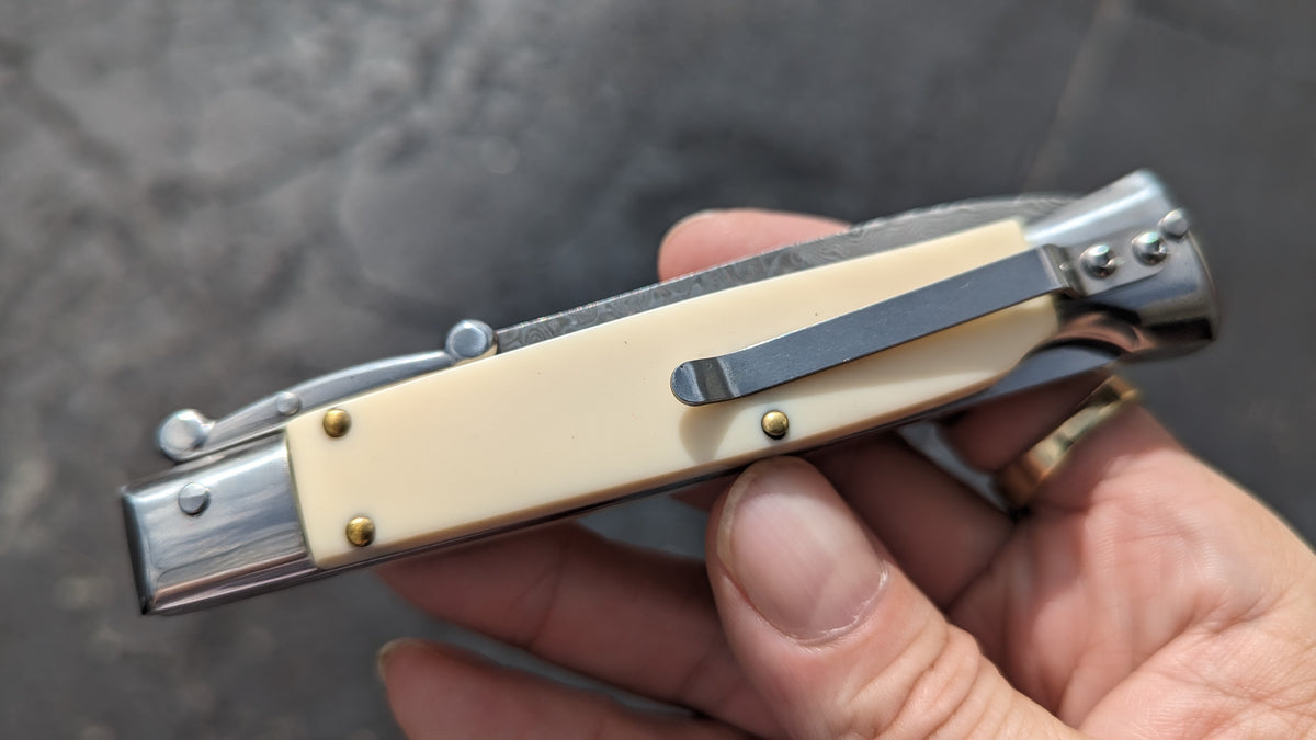 AKC WORLD ITALY 9" FAUX IVORY DAMASCUS SWINGUARD BOXED SET
