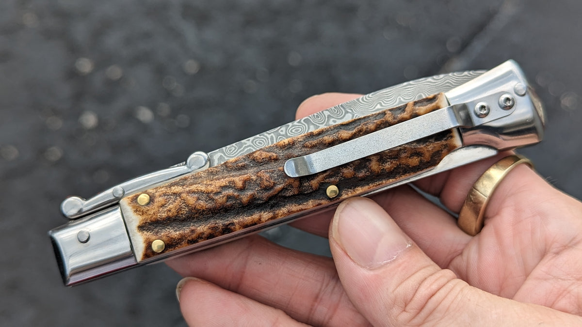 AKC WORLD ITALY 9" STAG HORN DAMASCUS SWINGUARD BOXED SET
