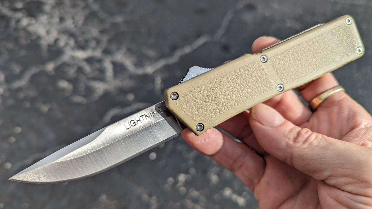 SAND LIGHTNING OTF KNIFE PLAIN EDGE DROP POINT BLADE