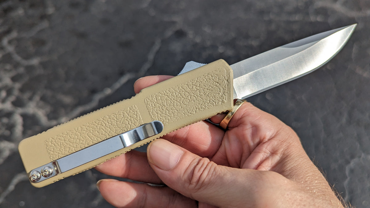 SAND LIGHTNING OTF KNIFE PLAIN EDGE DROP POINT BLADE