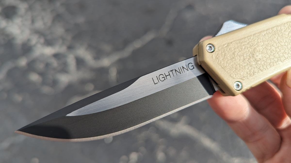 TAIWAN LIGHTNING OTF KNIFE SAND 2-TONE PLAIN EDGE DROP POINT BLADE