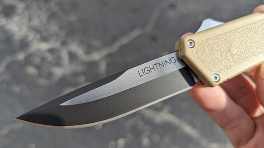 TAIWAN LIGHTNING OTF KNIFE SAND 2-TONE PLAIN EDGE DROP POINT BLADE