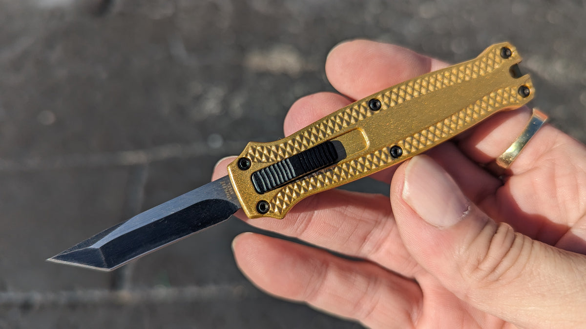 GOLD PIRANHA MINI D/A OTF KNIFE w/ TANTO