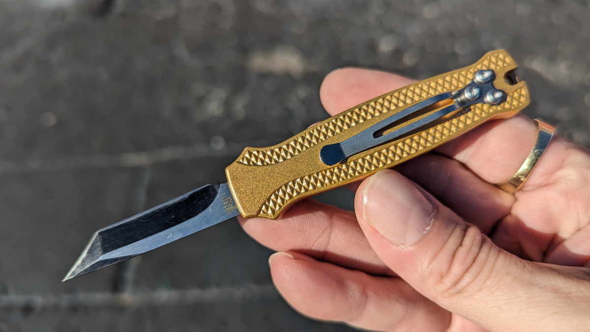 GOLD PIRANHA MINI D/A OTF KNIFE w/ TANTO