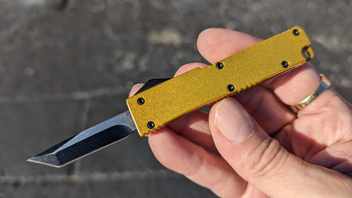 GOLD FIRECRACKER MINI D/A OTF KNIFE w/ TANTO