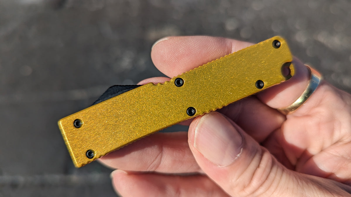 GOLD FIRECRACKER MINI D/A OTF KNIFE w/ TANTO