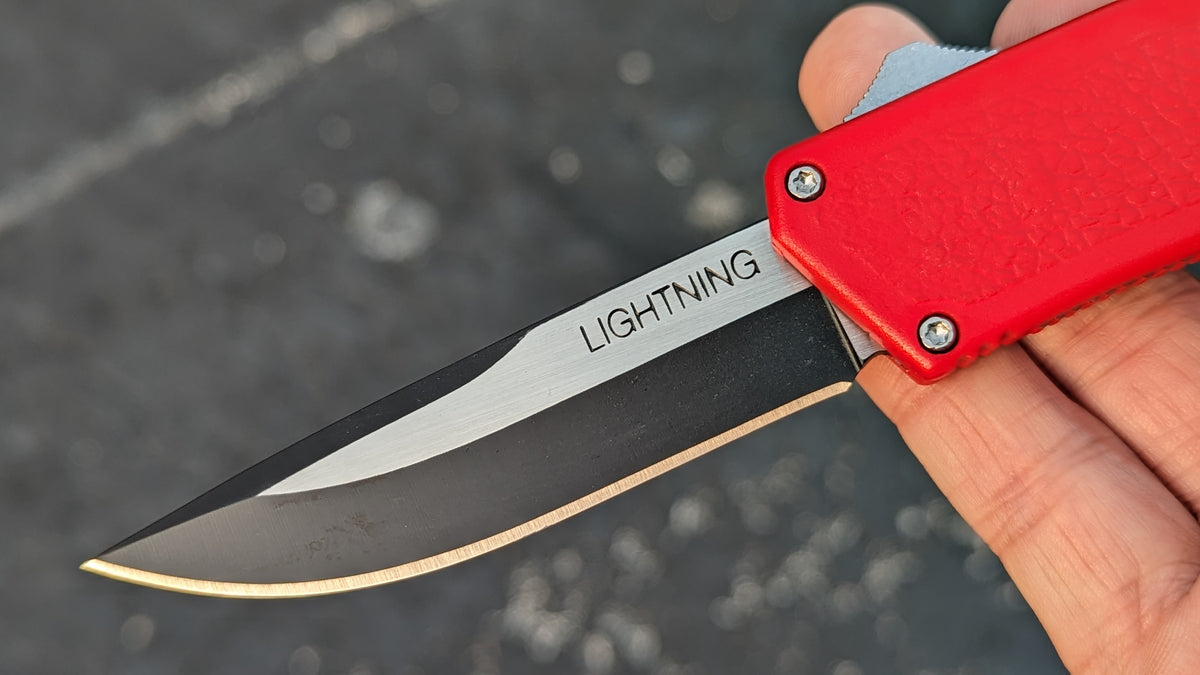 Lightning OTF Red 2-Tone Plain Edge Drop Point