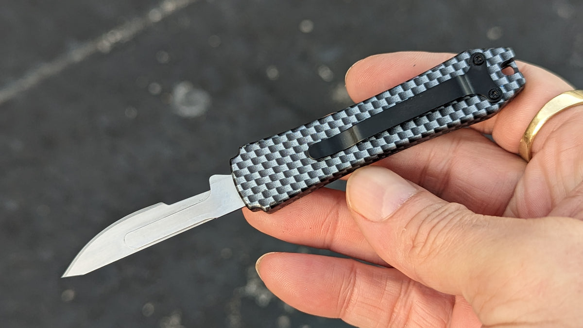 FAUX CARBON FIBER MINI COFFIN SCALPEL OTF KNIFE