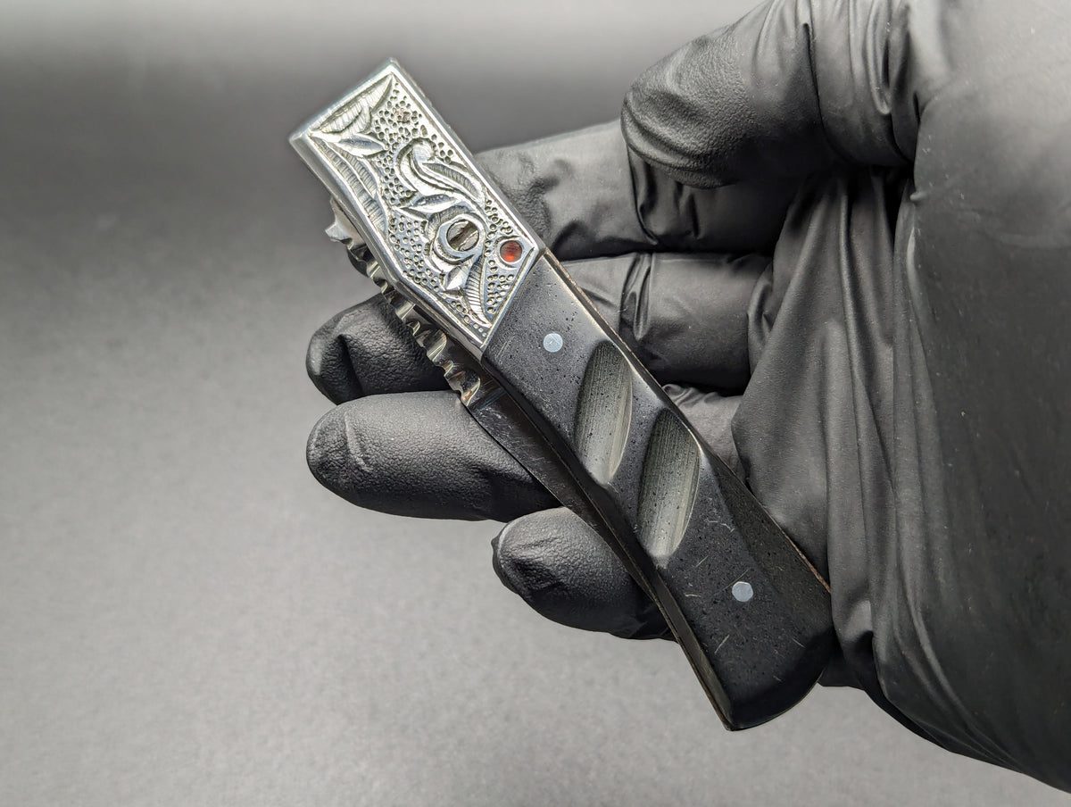 SOVIET ERA RUSSIAN PRISON KNIFE HIDDEN RELEASE ENGRAVED BLACK