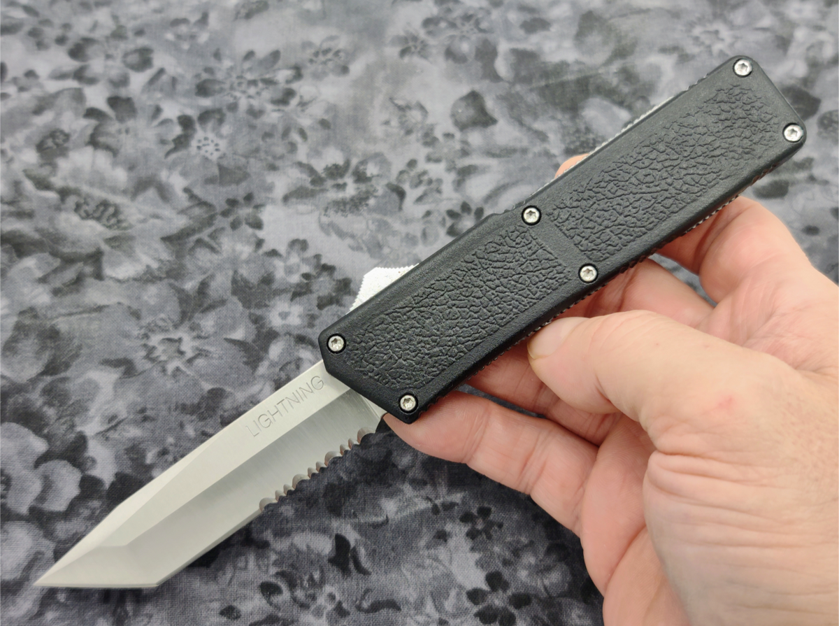 Lightning OTF Knife Black Stainless Tanto Serrated Edge