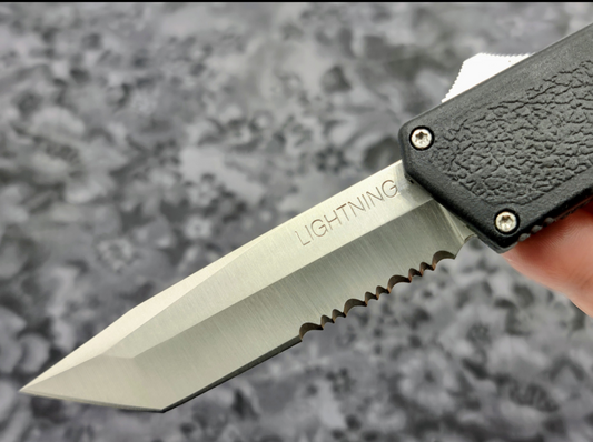 Lightning OTF Knife Black Stainless Tanto Serrated Edge