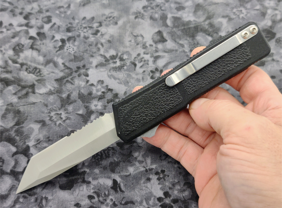 Lightning OTF Knife Black Stainless Tanto Serrated Edge