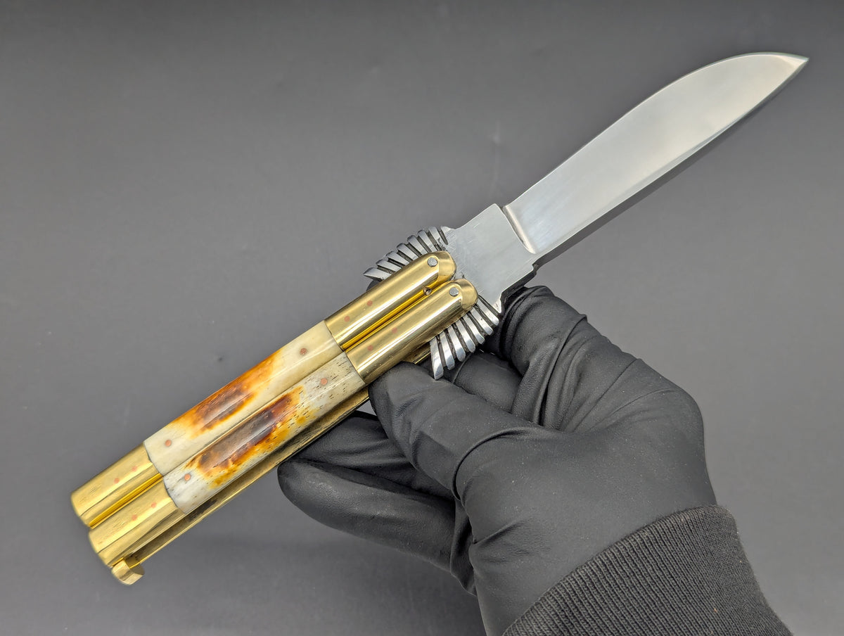 8.7" BURNT BONE EAGLE TANG STRAIGHT BLADE FHM BALISONG 1