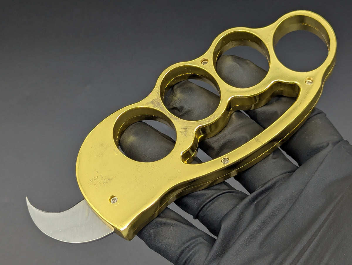 BRASS KNUCKLE DUSTER AUTOMATIC KNIFE GOLD