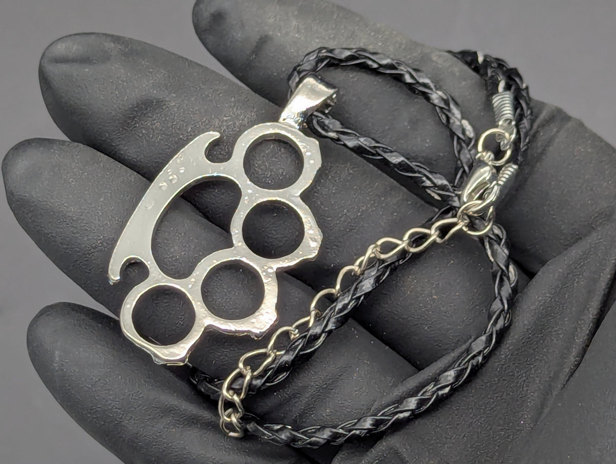 20" CHROME BRASS KNUCKLE DUSTER PENDANT & NECKLACE