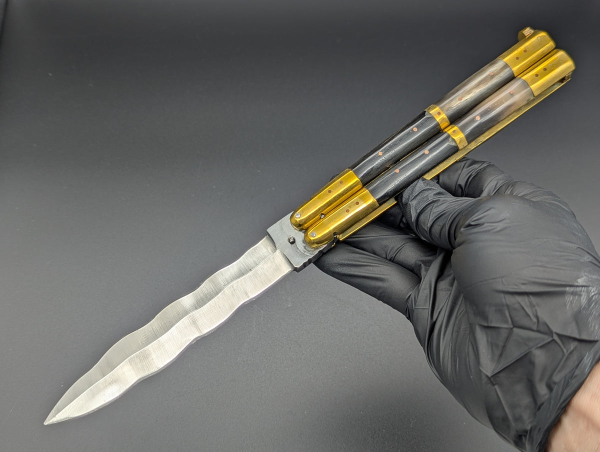 11" FHM 2-TONE HORN & BRASS BALISONG KRIS BLADE