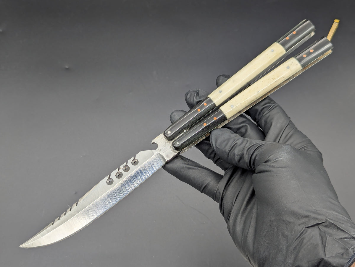 FHM BALISONG AGED BONE & CARABOA HORN 11" OL CLIP POINT BLADE