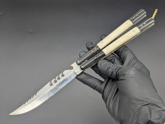 FHM BALISONG AGED BONE & CARABOA HORN 11" OL CLIP POINT BLADE