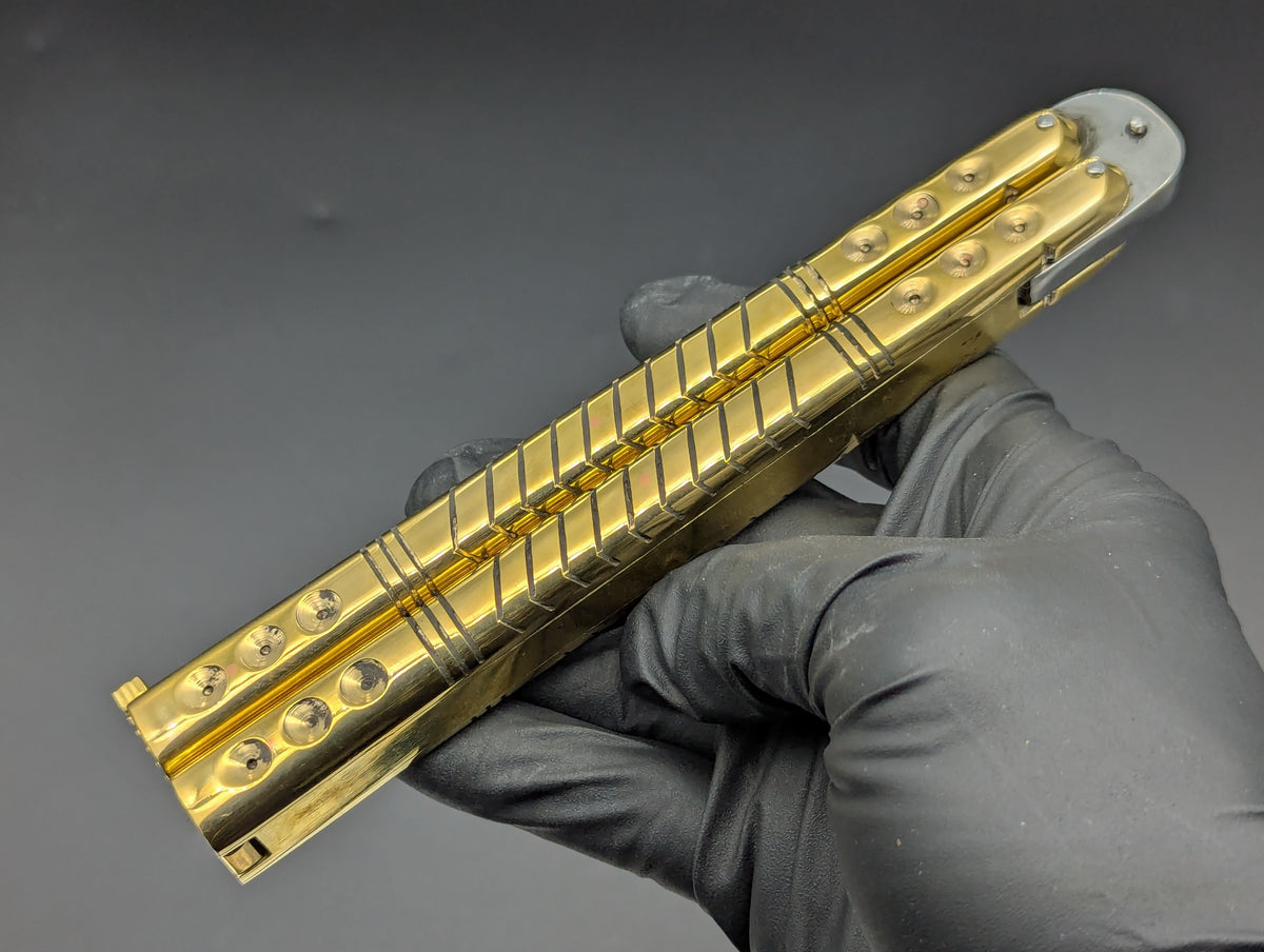 390 GRAM ULTRA HEAVYWEIGHT BRASS FHM BALISONG BLOOD GROOVE CLIP