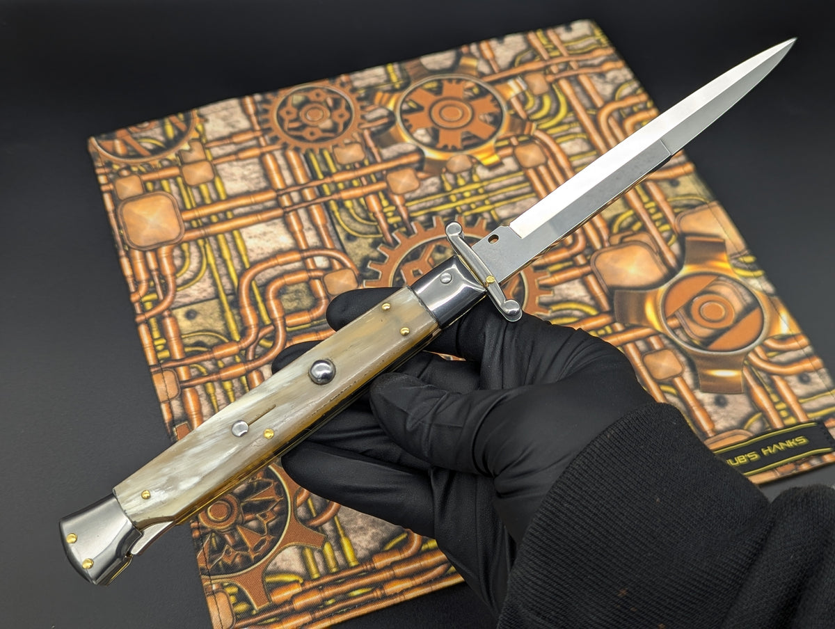 11" FRANK BELTRAME HANDMADE ITALIAN SWINGUARD SWITCHBLADE HONEY HORN 1