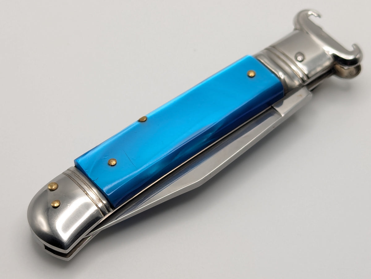 Vintage Italian Shell Puller Leverlock Switchblade Knife Blue Pearl