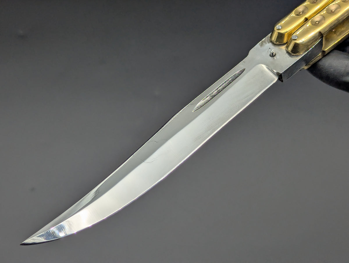 390 GRAM ULTRA HEAVYWEIGHT BRASS FHM BALISONG BLOOD GROOVE CLIP