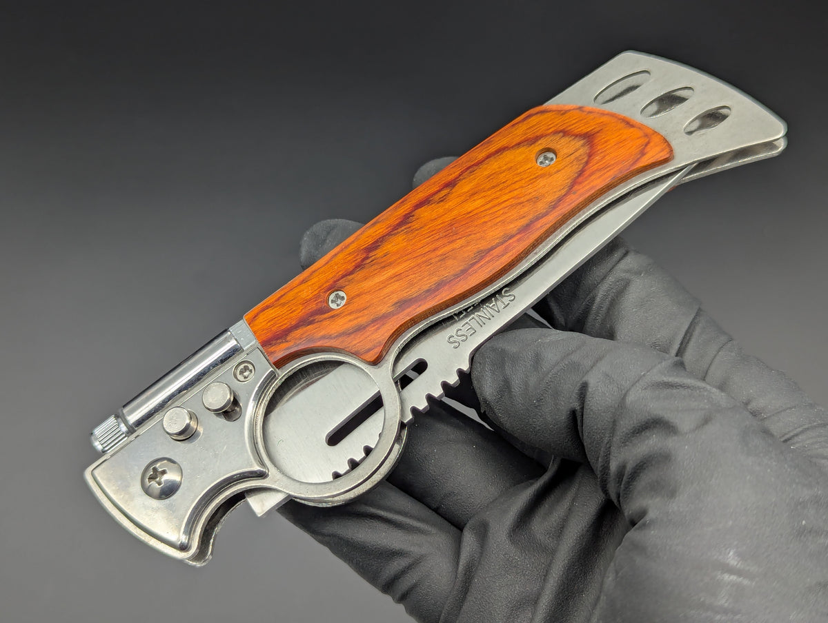 10" CIGAR CUTTER ROSEWOOD SWITCHBLADE KNIFE w/ LIGHT