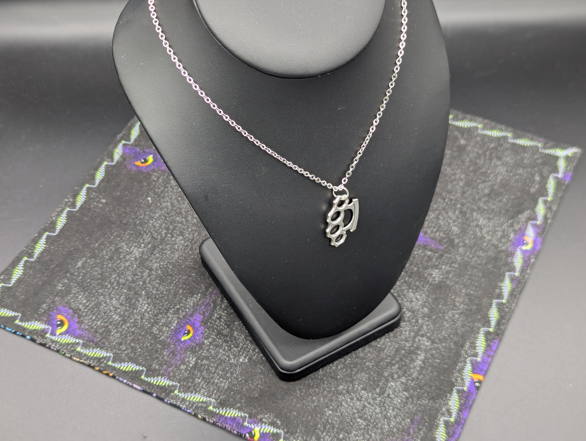 CHROME FINISH BRASS KNUCKLES PENDANT & 22" STAINLESS NECKLACE