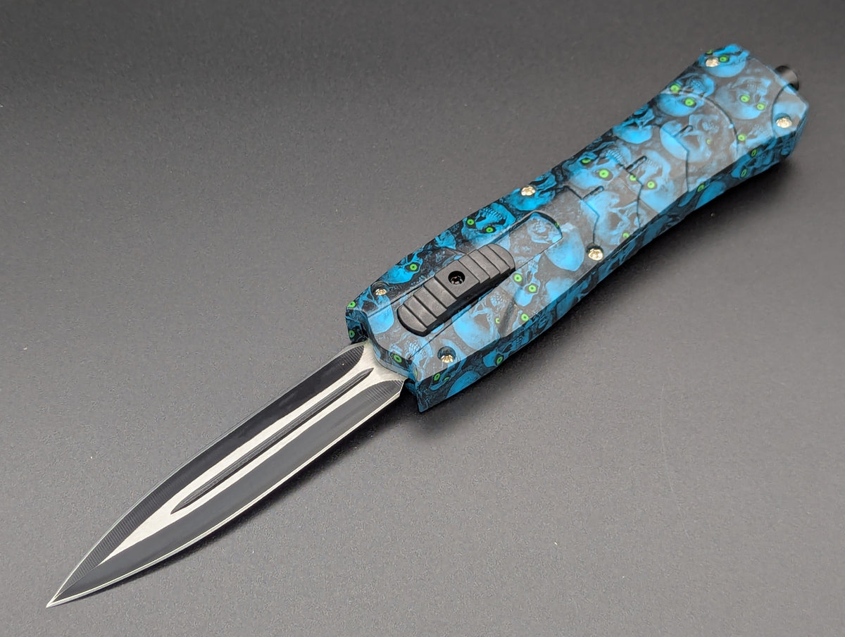 9" BLUE ZOMBIE SKULL VIPER D/A OTF KNIFE
