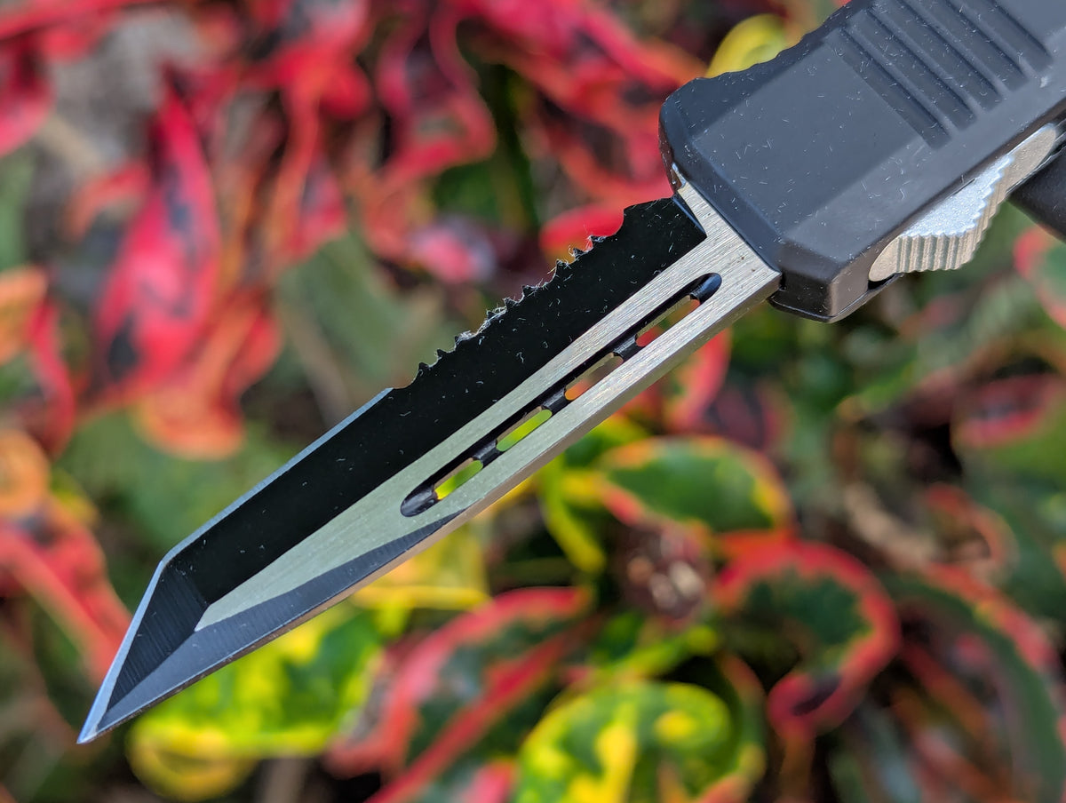 7" Black Mini Tanto Serrated D/A OTF Knife