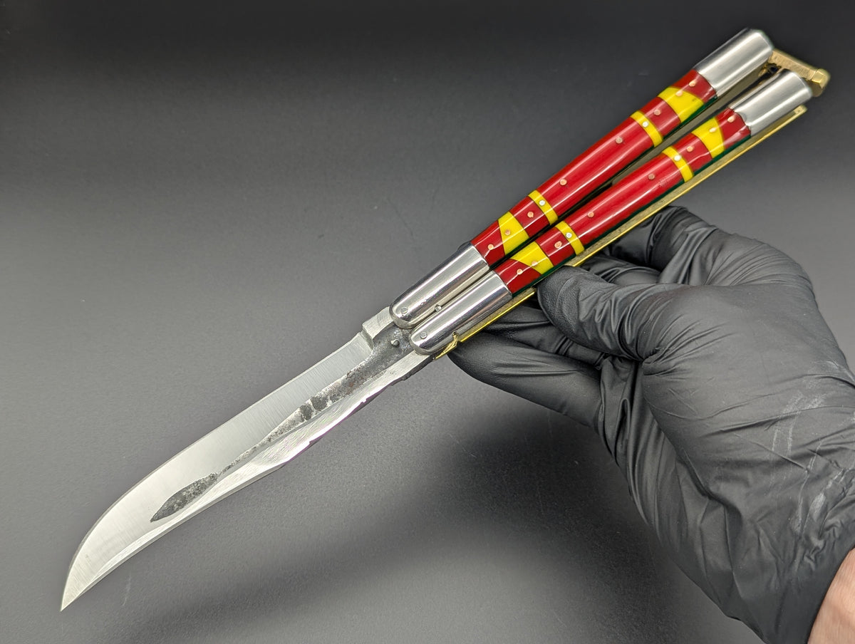 29cm 264g FIESTA FHM BALISONG RED/ YELLOW CLIP POINT
