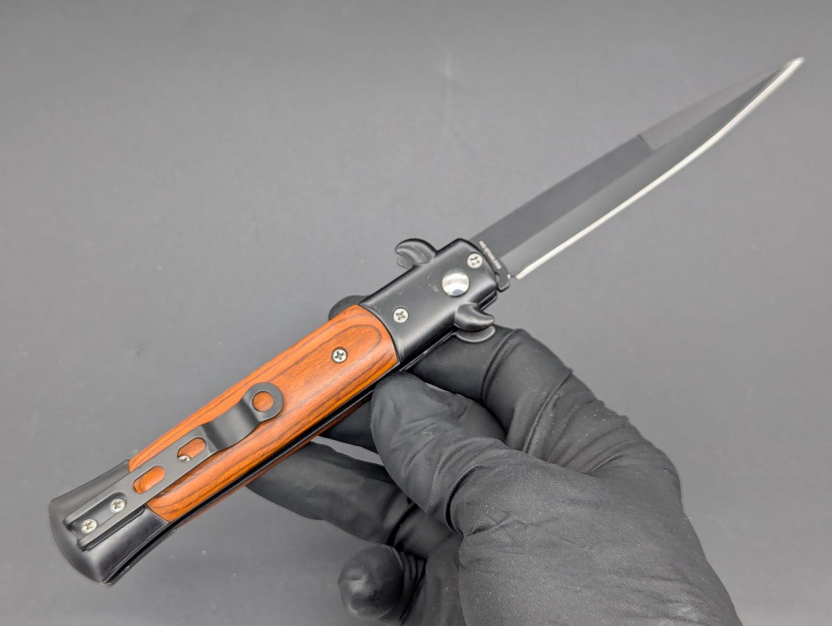 TACTICAL RED WOOD DIABLO MILANO SWITCHBLADE KNIFE