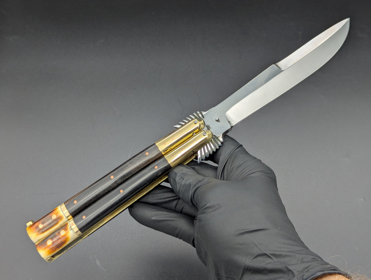 11.25" CARVED EAGLE 2-TONE SCALE BRASS FHM BALISONG MANILA BLADE