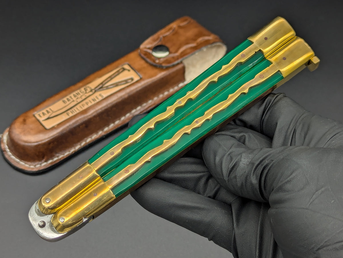 11" GREEN BRASS KALAPKUP RAMBO CLIP POINT FHM BALISONG