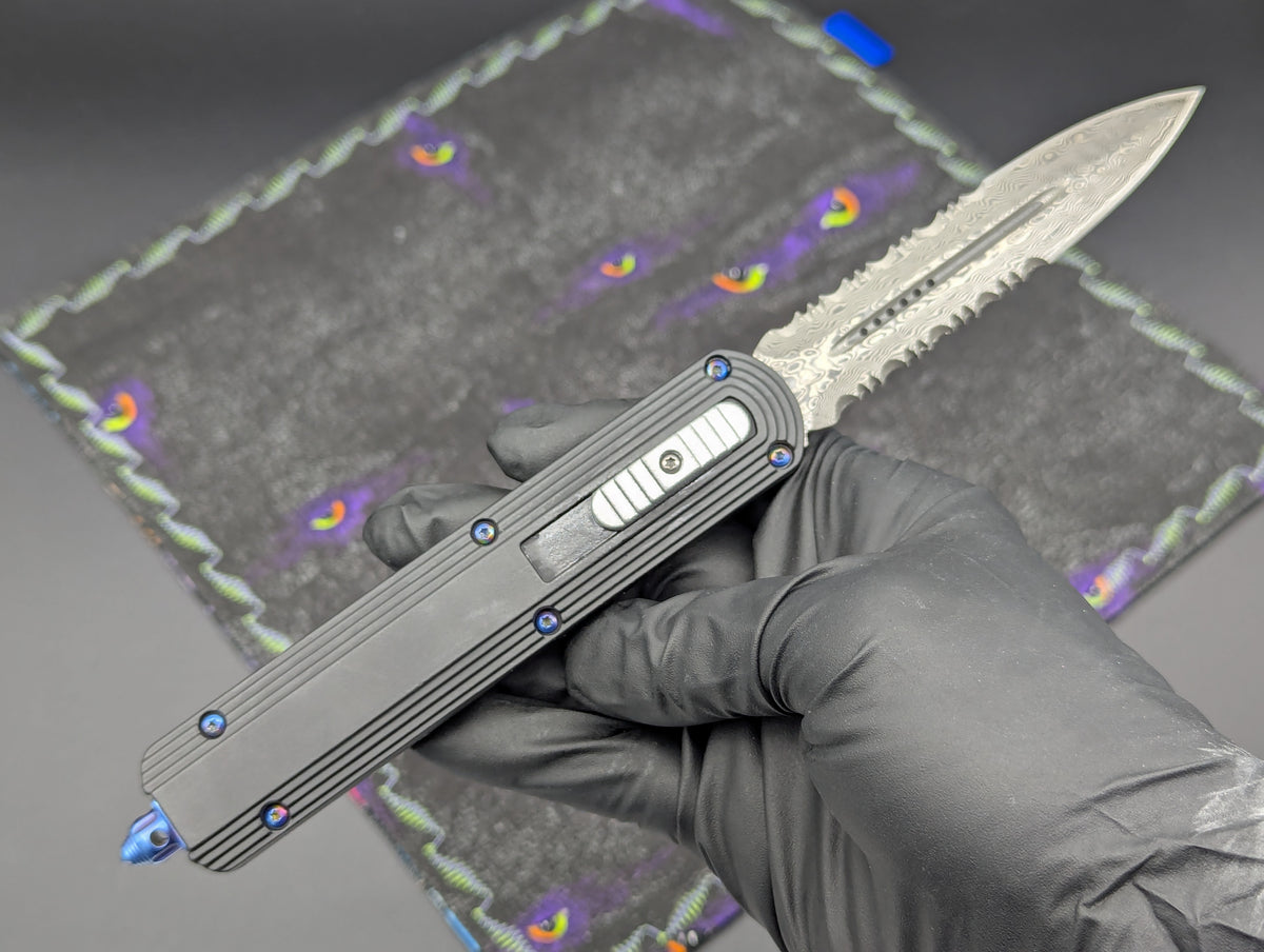 9.25" DAMASCUS DUAL ACTION OTF KNIFE D/E SERR. BLUE HARDWARE