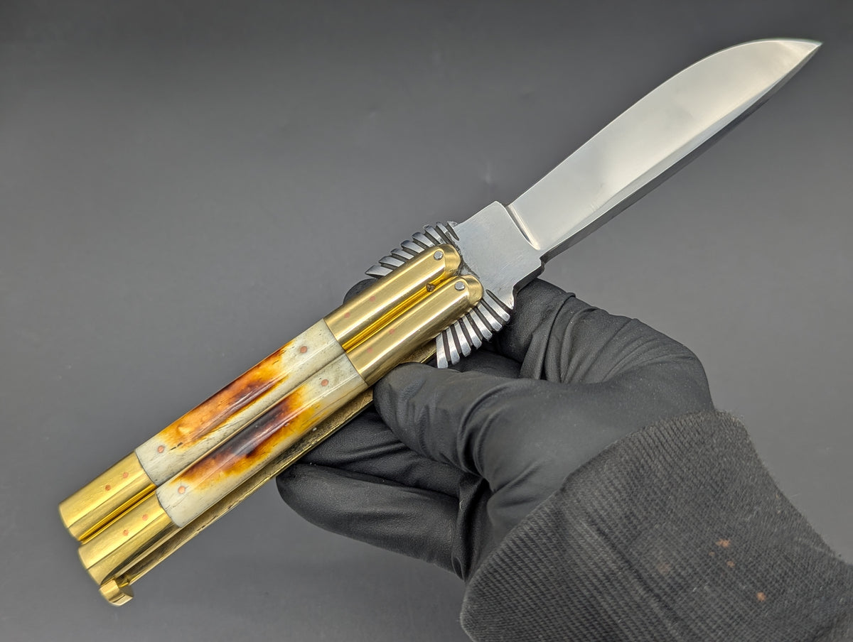 22cm PHILIPPINES HANDMADE EAGLE TANG BALISONG KNIFE BURNT BONE 2