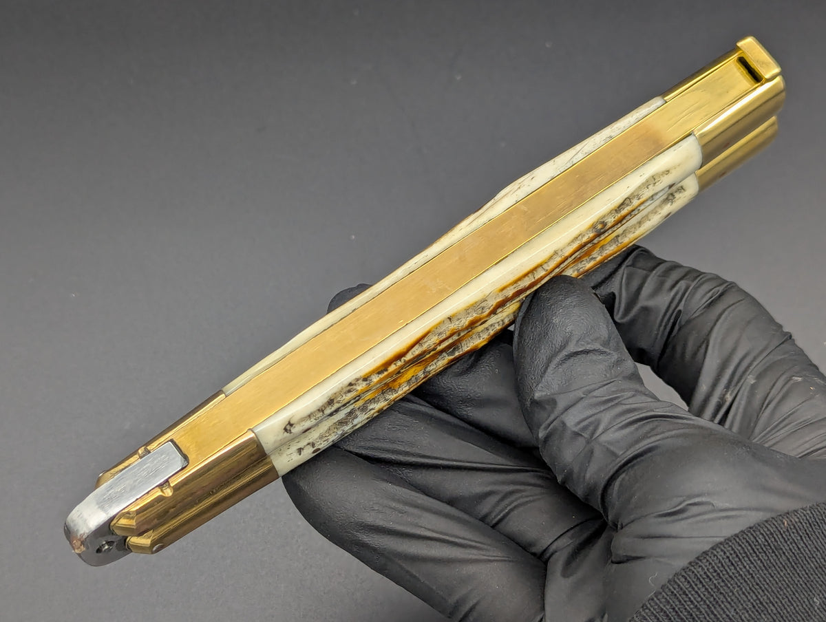 11" JIGGED COWBONE BRASS FHM BALISONG BLOOD CLIP