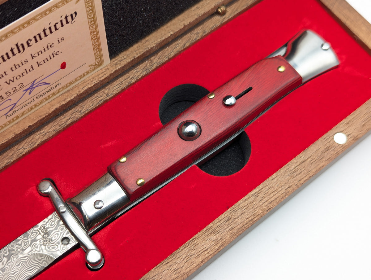 AKC ITALY 9" RED PAKKAWOOD DAMASCUS SWINGUARD