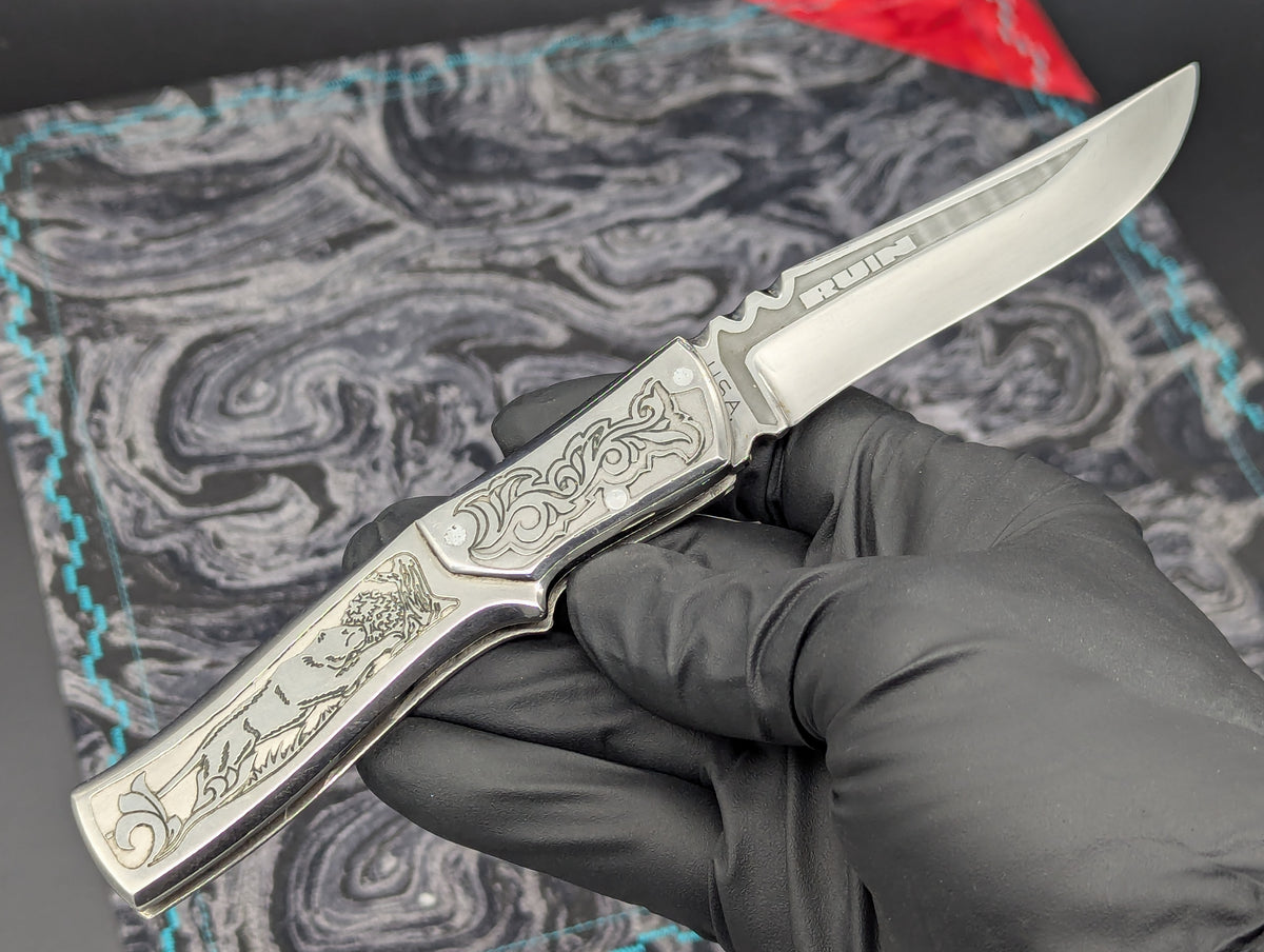 Engraved Stainless Russian Prison Made RPK Automatic Switchblade Knife
