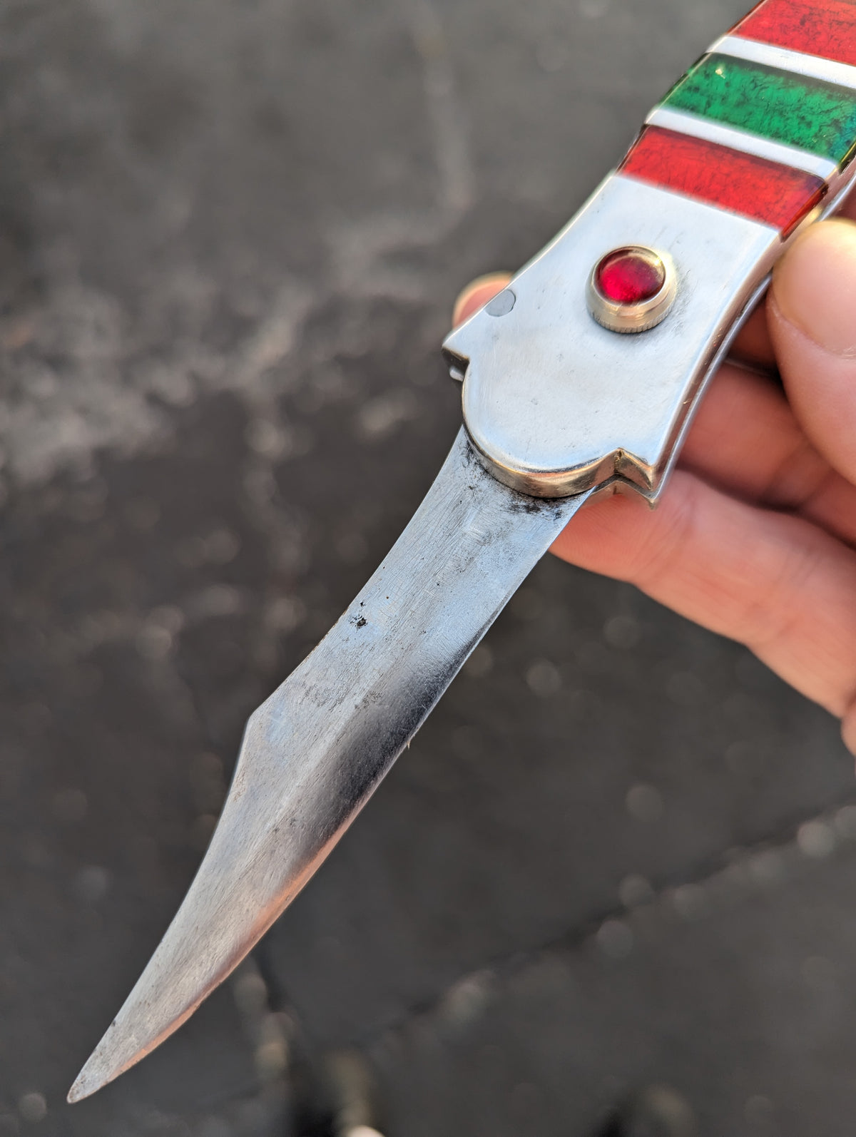 Vintage Russian Prison Switchblade Knife Red & Green Jeweled