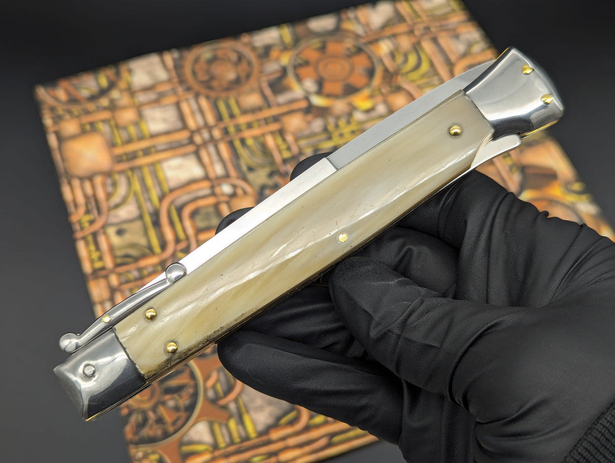 11" FRANK BELTRAME HANDMADE ITALIAN SWINGUARD SWITCHBLADE HONEY HORN 1