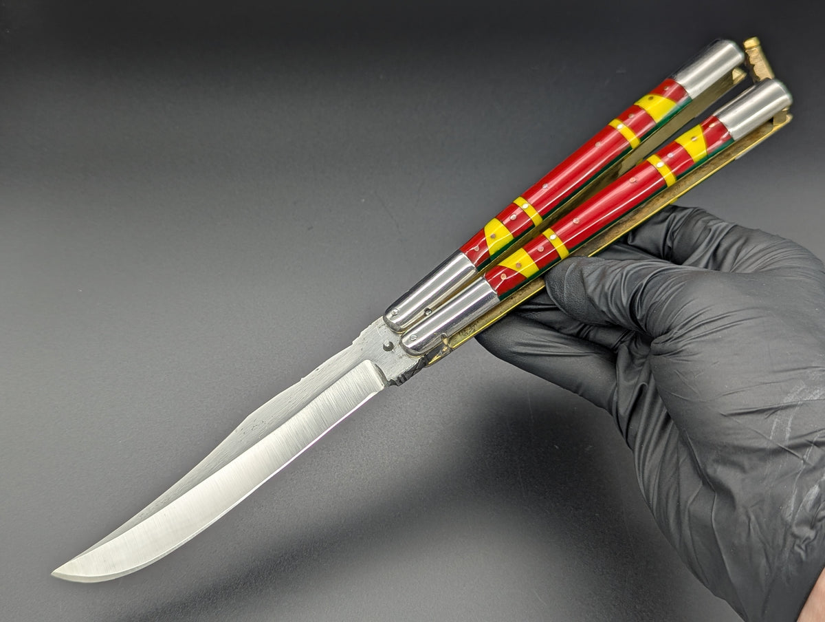 29cm 264g FIESTA FHM BALISONG RED/ YELLOW CLIP POINT